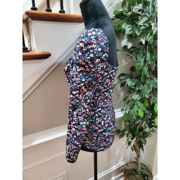 Shein Blue Floral Women's Polyester Long Sleeve Sweatheart Neck Casual Blouse - Picture 6 of 7